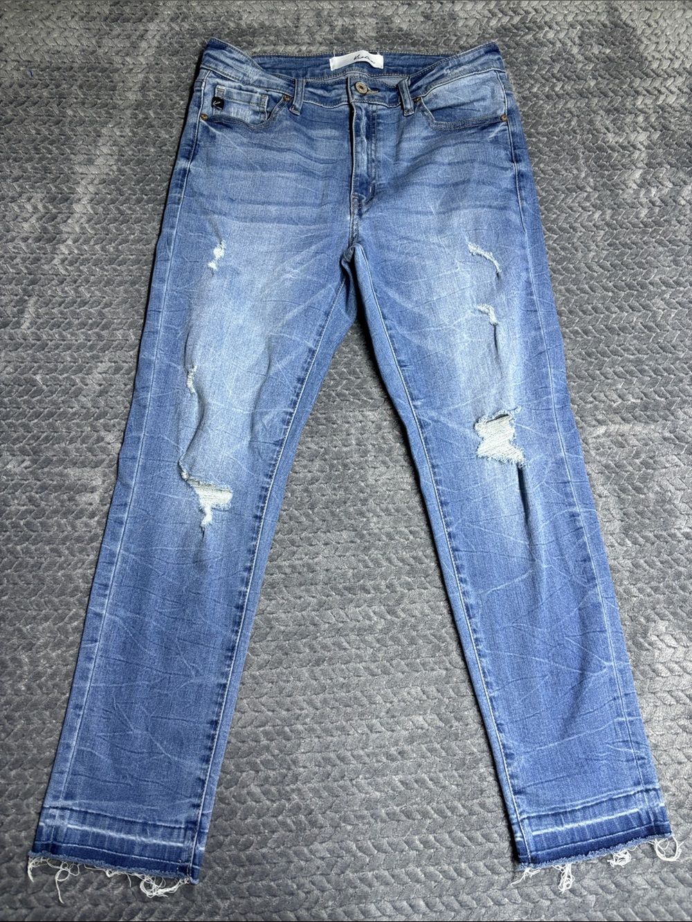 KanCan Distressed Ankle Crop Jeans in Medium Blue Wash